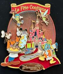 91859 - DLRP Disney La Fete Continue 15th Anniversary - Jiminy Cricket, Stitch, Tinker Bell, Donald, Goofu - Jumbo Boxed Pin - Disneyland Resort Paris